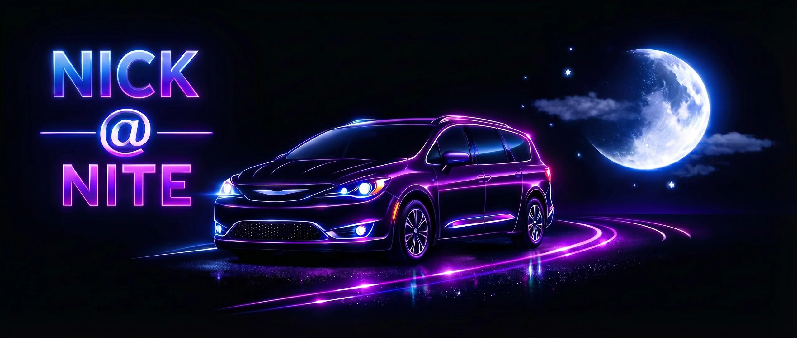 Neon-lit sedan with Nick @ Nite text, glowing purple and blue lights, full moon, and starry night sky background